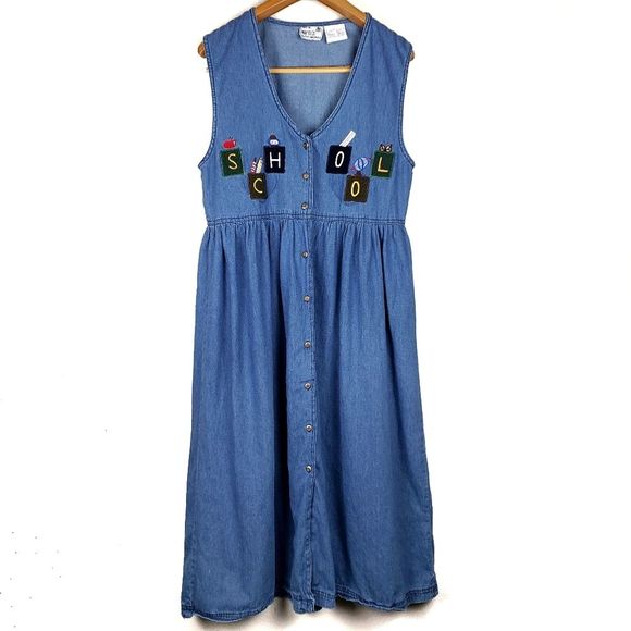 Vintage 90s Denim Patch Pocket Large Sleevelss Maxi Dress